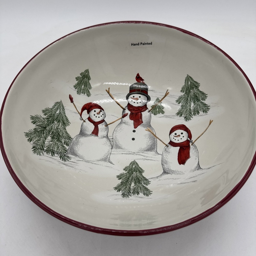 St. Nicholas Square YULETIDE Snowman Stoneware Serving Bowl Snowmen &‎ Trees New